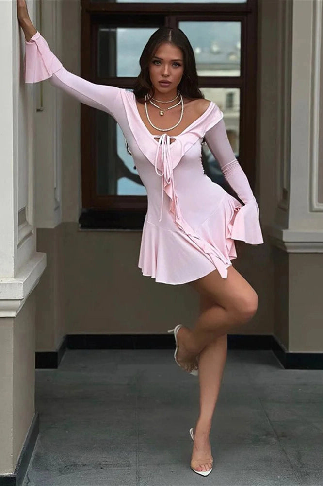 Glorol - Lace-Up V-Neck Patchwork Long Sleeve Slim Mini Dress