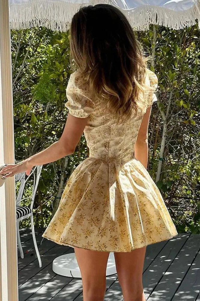 Glorol - Deep V Neck Print Lace-up Short Sleeve A-line Mini Dress