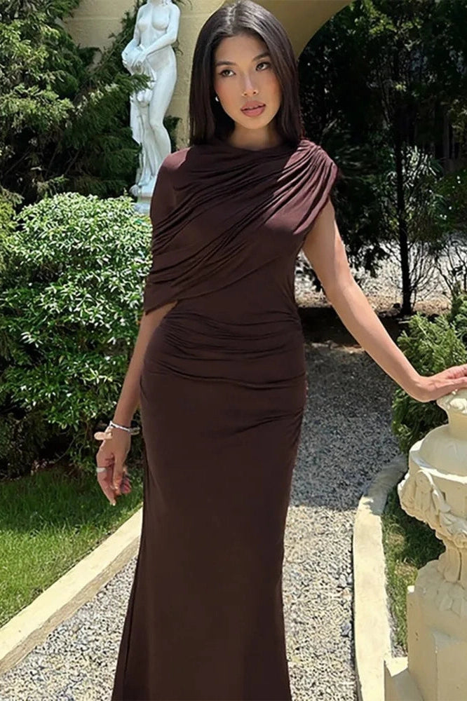 Glorol - Inclined Shoulder Pleated Irregular Maxi Dress