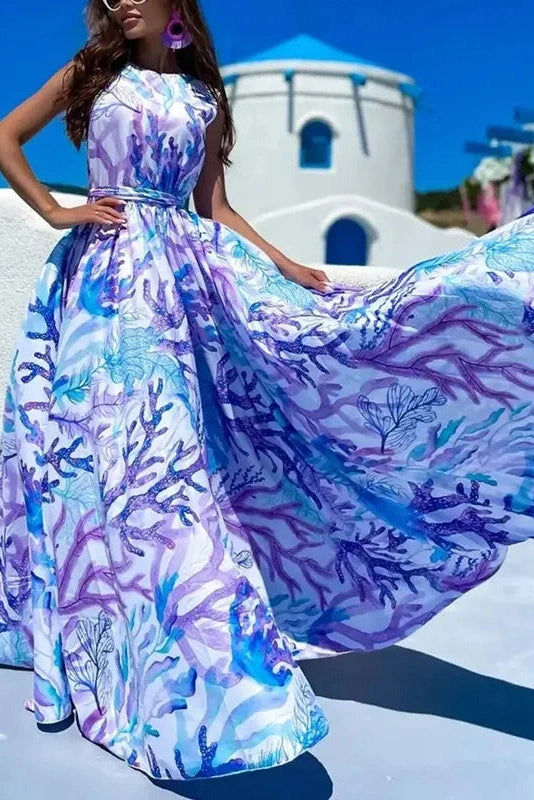 Glorol - Printed Pleated Sleeveless High Waist Maxi Dress