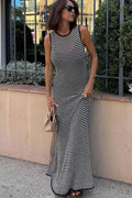 Hollow Out Striped Sleeveless Slim High Waist Maxi Dress