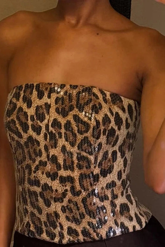 Glorol - Printed Strapless Zipper High Waist Sleeveless Top