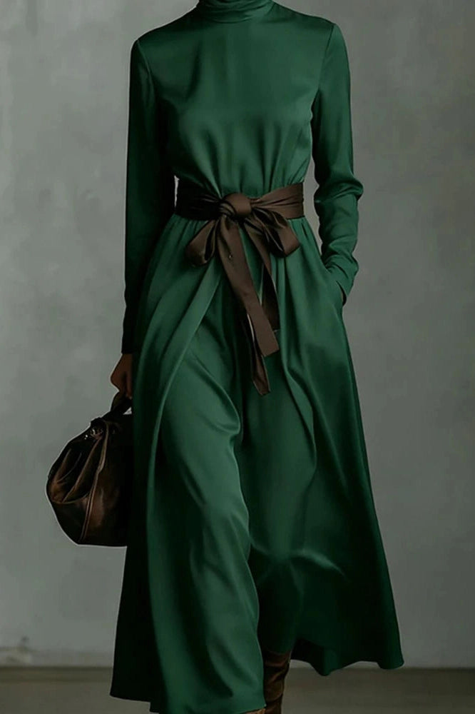 Glorol - Elegant Lace Up Pleated Turtleneck Long Sleeve Maxi Dress