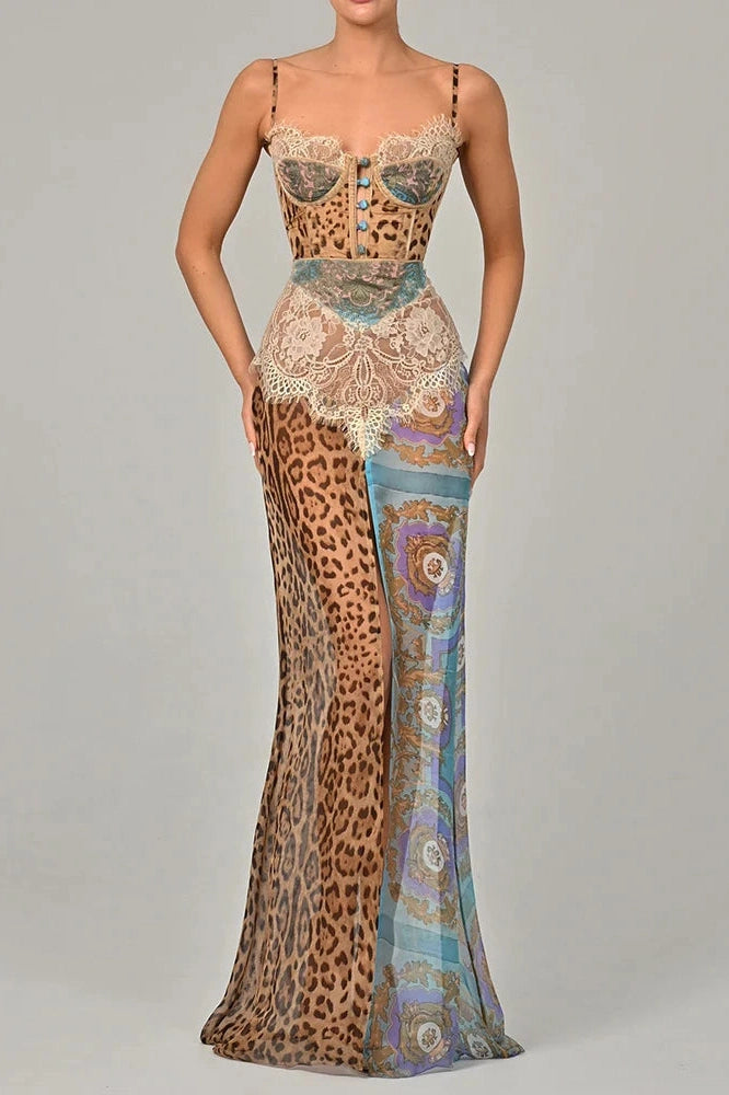 Glorol - Printed Lace Split Patchwork Sleeveless Backless Maxi Dress