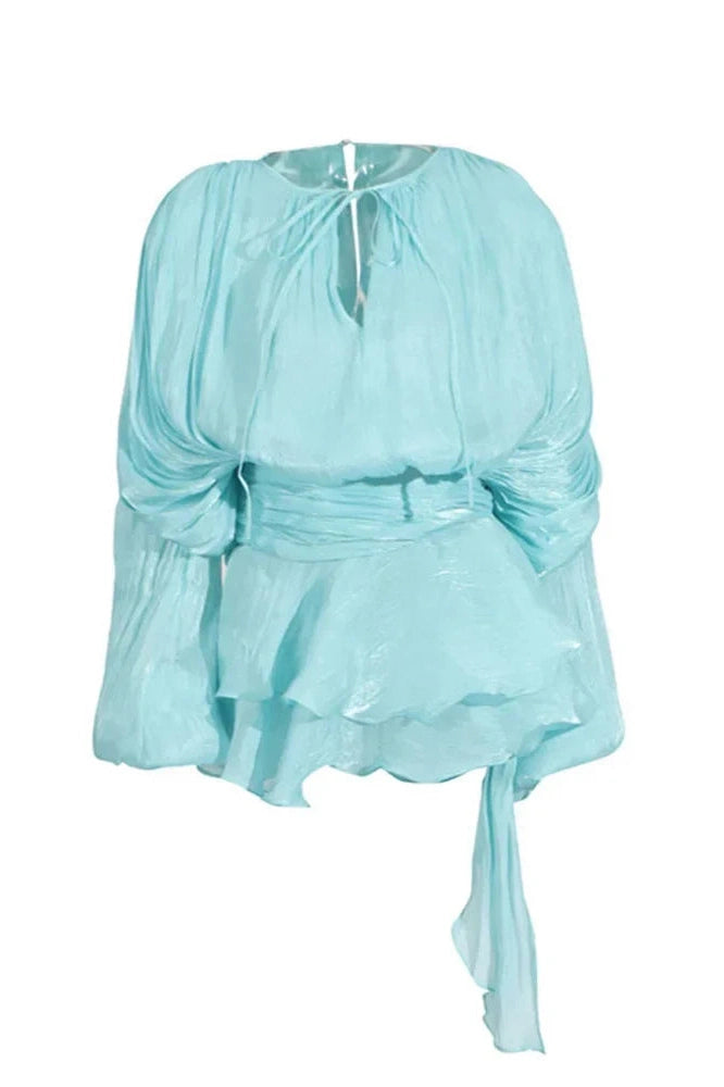 Glorol - Elegant Pleated Long Sleeve High Waist Mini Dress