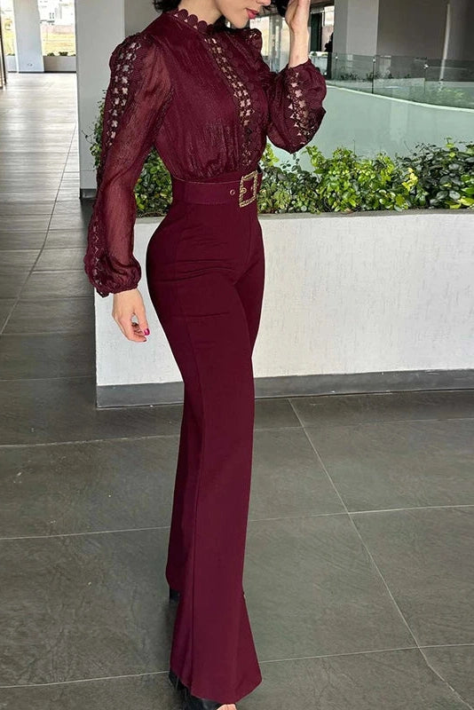 Glorol - High Waist Mesh Hollow Out Wide Leg Jumpsuit