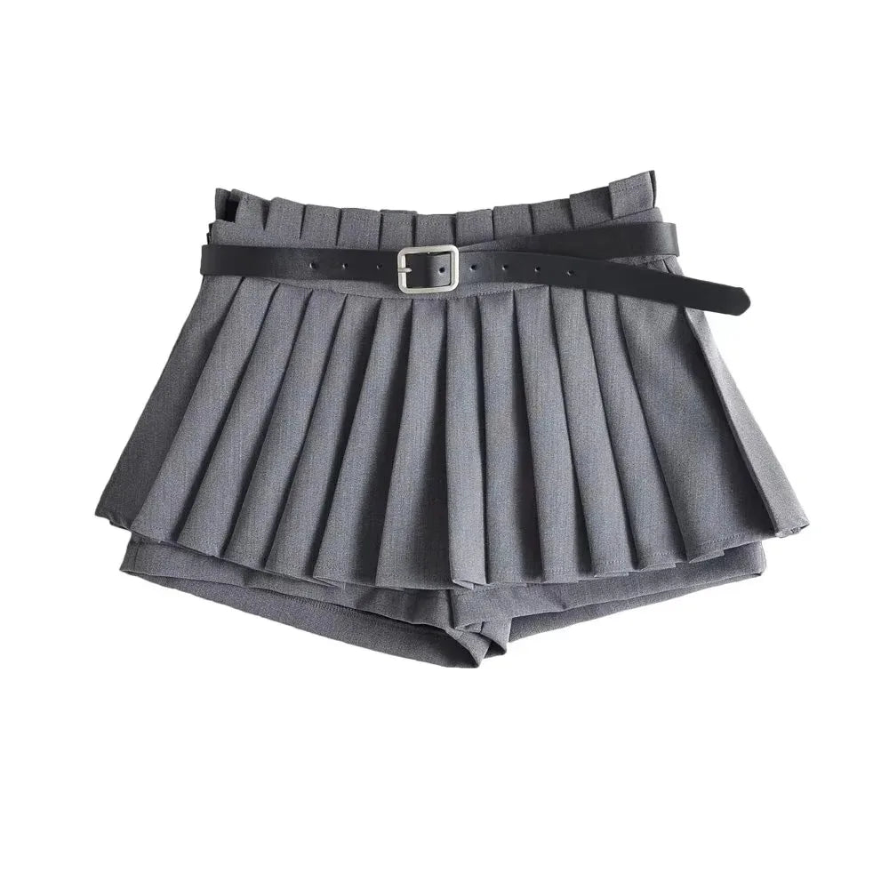 Glorol - Low Waist Pleated Belt Skirt