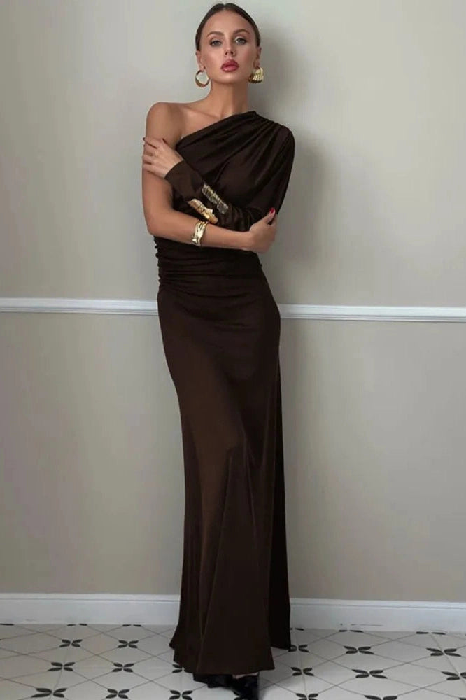 Glorol - Inclined Shoulder One Sleeve Backless Irregular Maxi Dress
