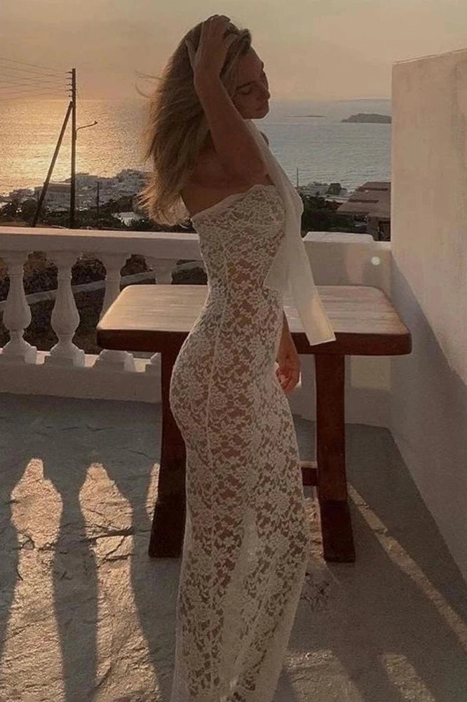 Glorol - Lace Strapless See Through Slim Sleeveless Maxi Dress