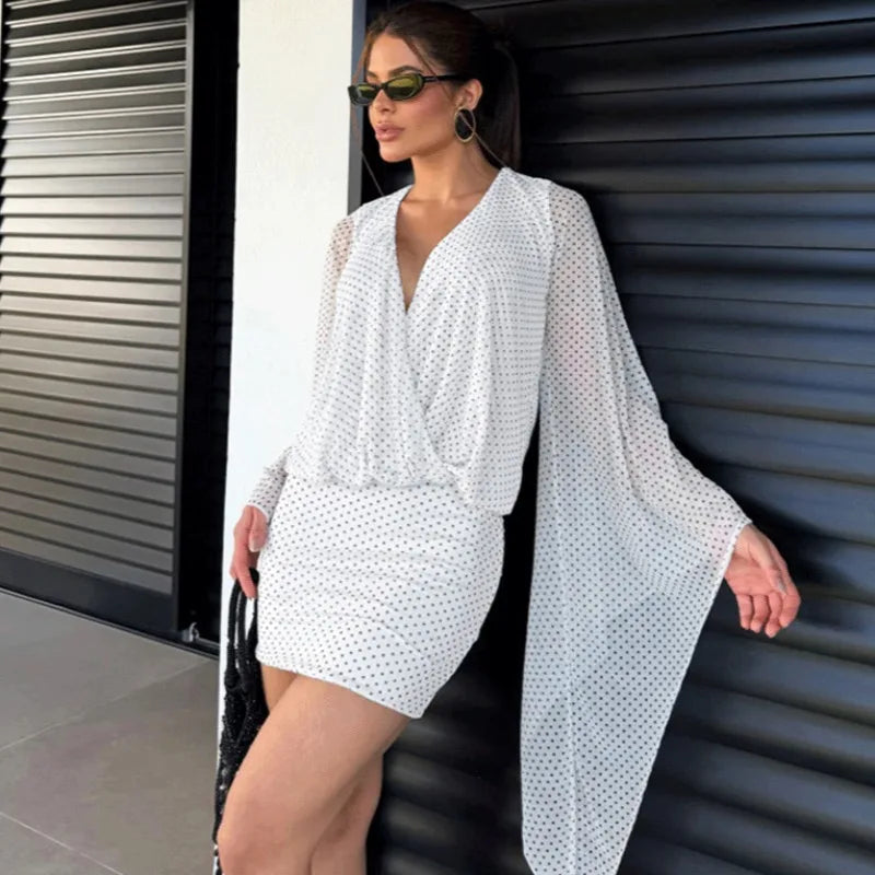 Elegant Polka Dot Lace-Up V-Neck See-Through Mini Dress