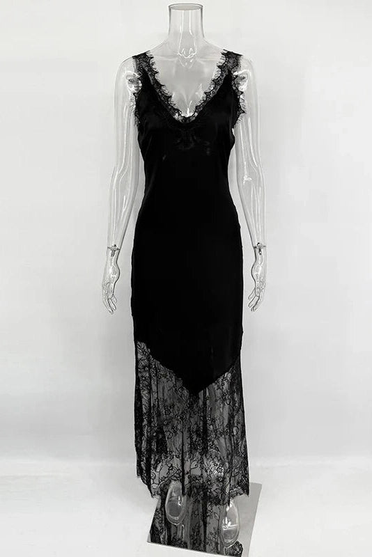 Glorol - Hollow Lace Loose Backless V-Neck Sleeveless Maxi Dress