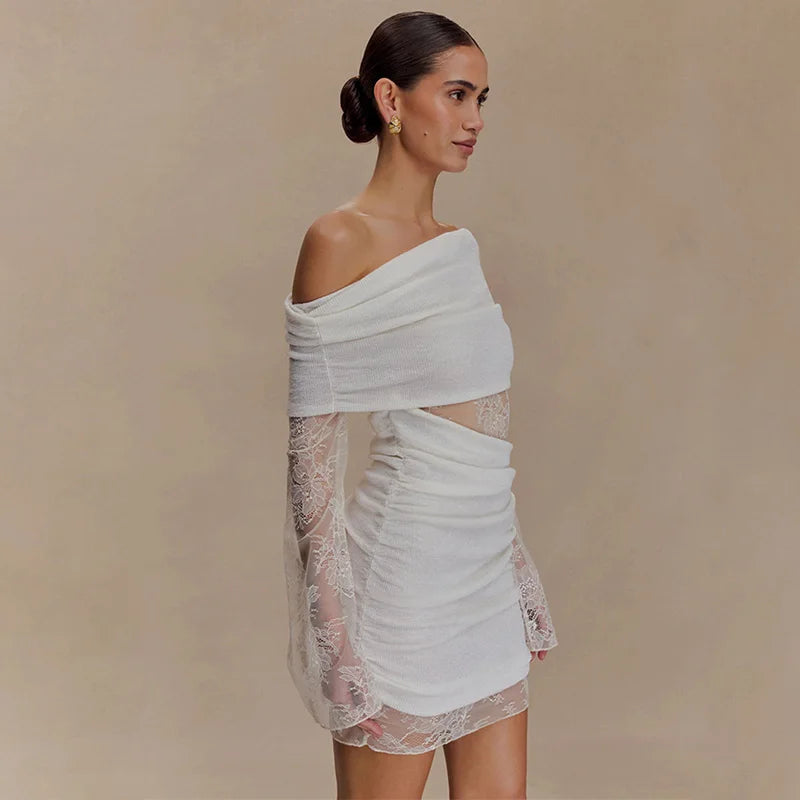 Glorol - Lace Patchwork Slash Neck Off-Shoulder Mini Dress