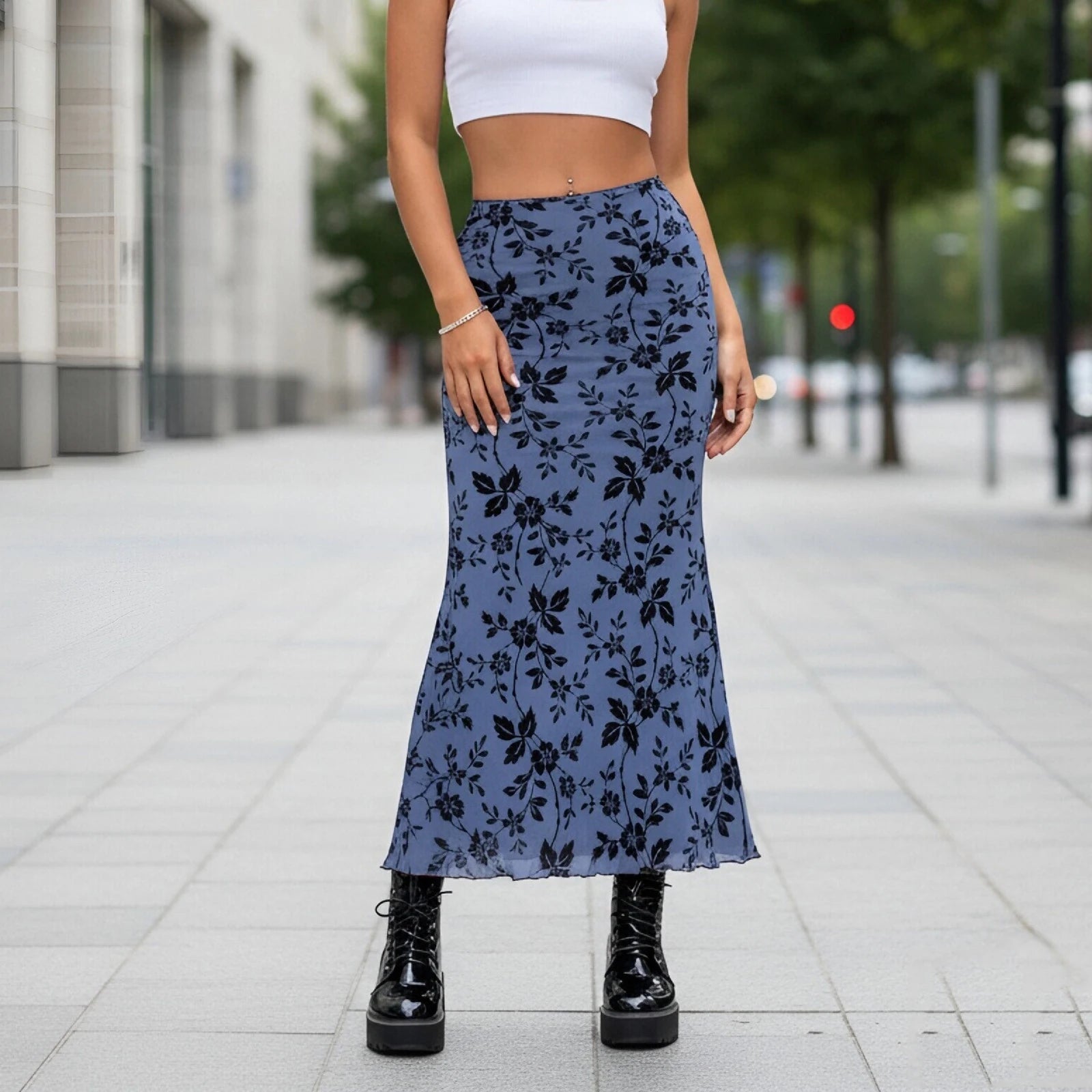 Glorol - Floral Print Flocked Mesh High Waist Skirt