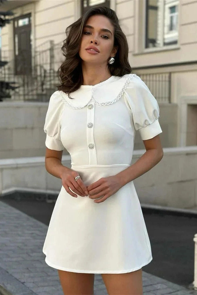 Glorol - Elegant Patchwork Short Sleeve Lace-Up Mini Dress