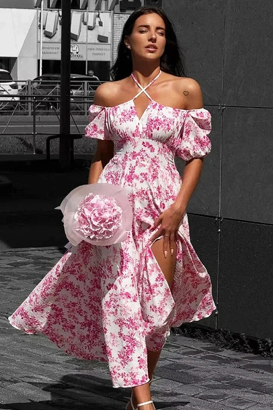 Glorol - Off Shoulder Floral Print Short-Sleeved Lace-Up Slit Maxi Dress