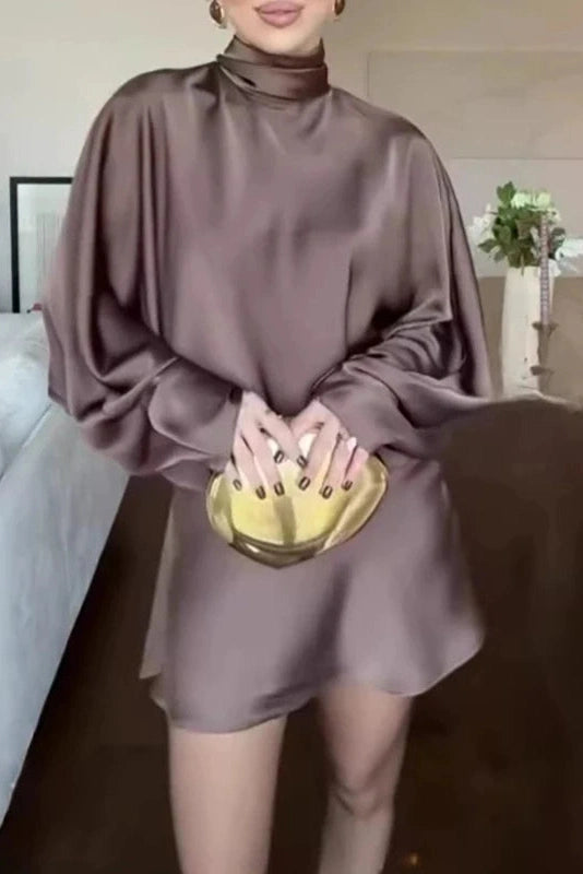 Glorol - High Waist Pleated Turtleneck Loose Mini Dress
