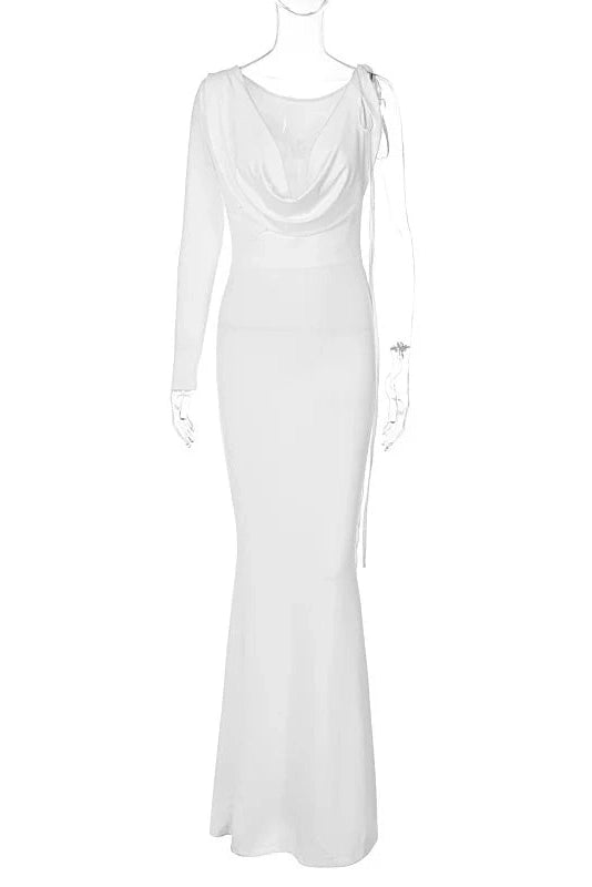 Glorol - Elegant V Neck One Sleeve Lace-up Backless Maxi Dress