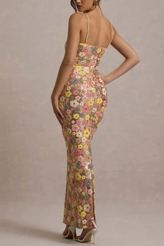 Glorol - Floral Printed Spaghetti Strap Slim Sleeveless Maxi Dress
