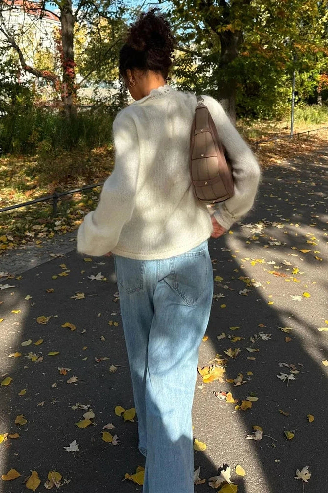Glorol - Hollow Out Printed Loose Long Sleeve Patchwork Top