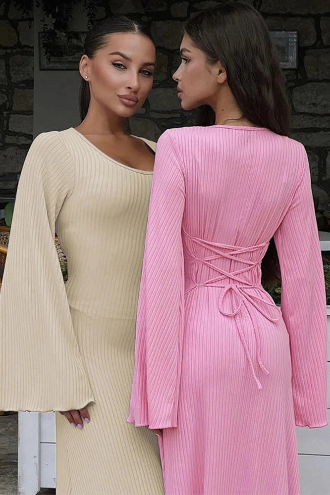 Glorol - Lace-up Long Sleeve Bodycon Maxi Dress
