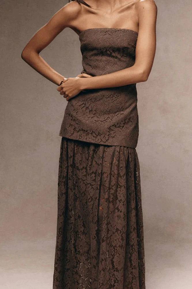 Glorol - Hollow Out Off-Shoulder Lace Pleated High Waist Maxi Dress