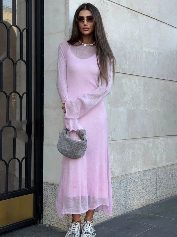 Glorol - See Through Loose Long Sleeve Knitted Maxi Dress