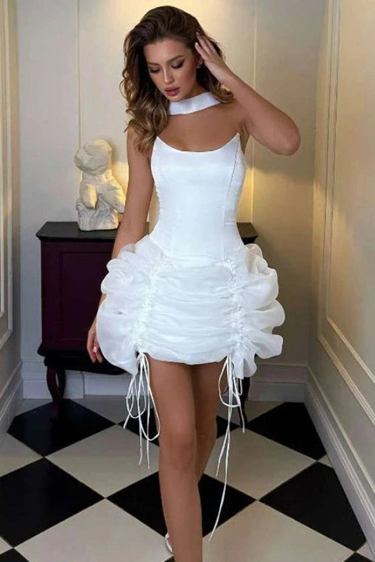 Glorol - Elegant Scarf-Neck Backless Fit Mini Dress