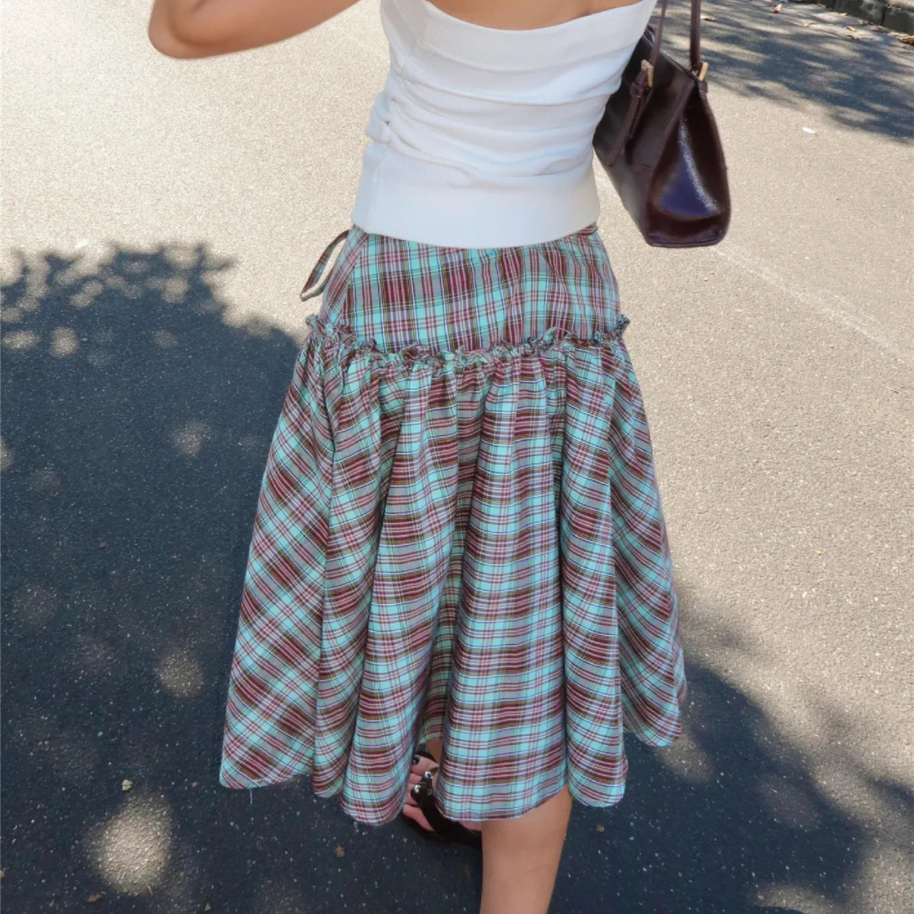 Glorol - Low Rise Plaid Lace Up A-line Skirt