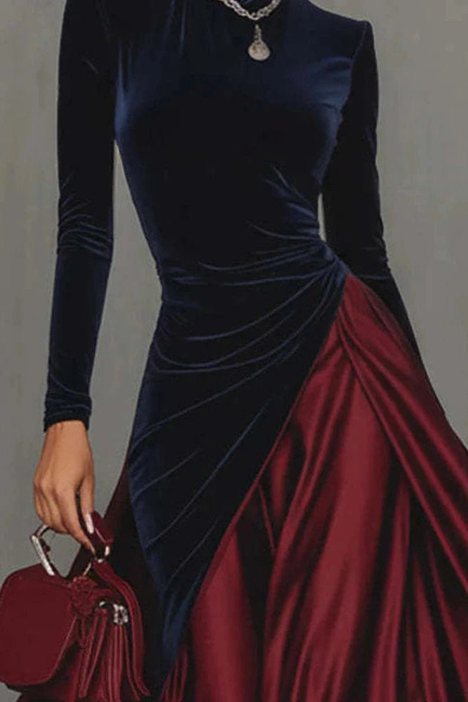 Glorol - Elegant High Waist Pleated Slim Long Sleeve Maxi Dress