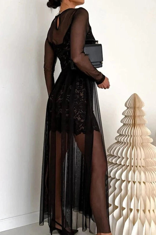 Glorol - Elegant Slim See-Through Long Sleeve High Waist Pleated Maxi Dress