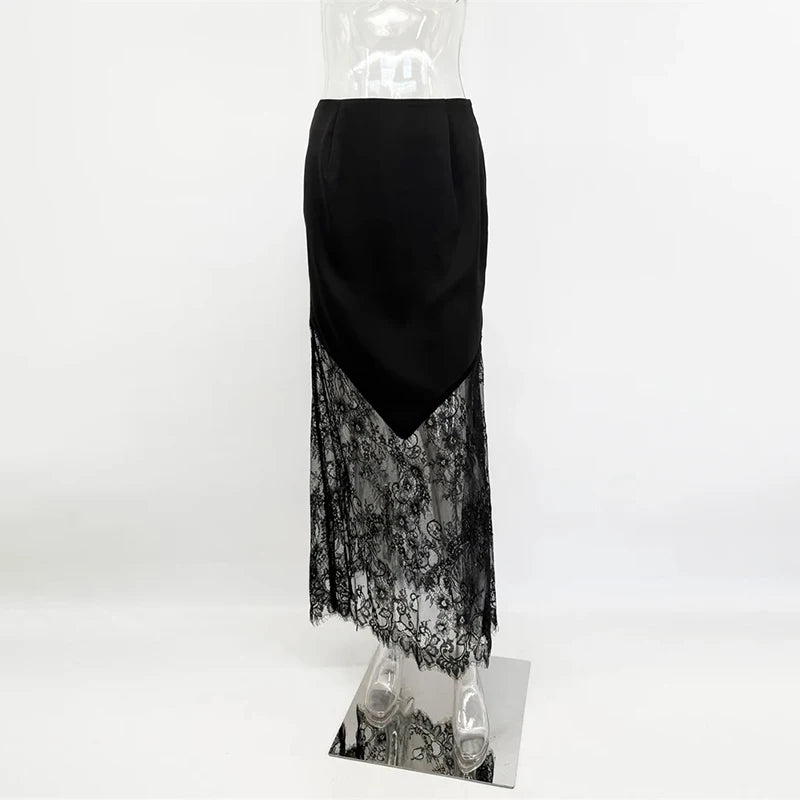 Glorol - High Waist Lace Splicing Hollow Out Skirt