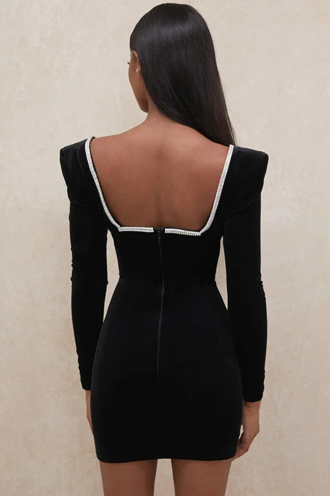 Glorol - Long Sleeve Deep V Neck Crystal Padded Mini Dress