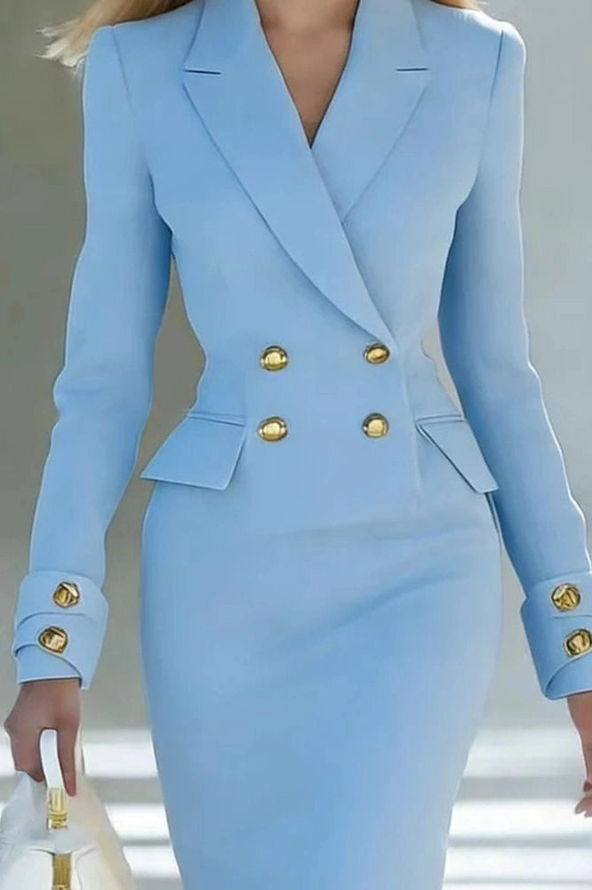 Glorol - Elegant Long Sleeve V-Neck High Waist Slim Midi Dress