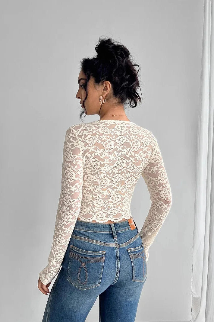 Glorol - Hollow Lace V-Neck Slim Long-Sleeved Top