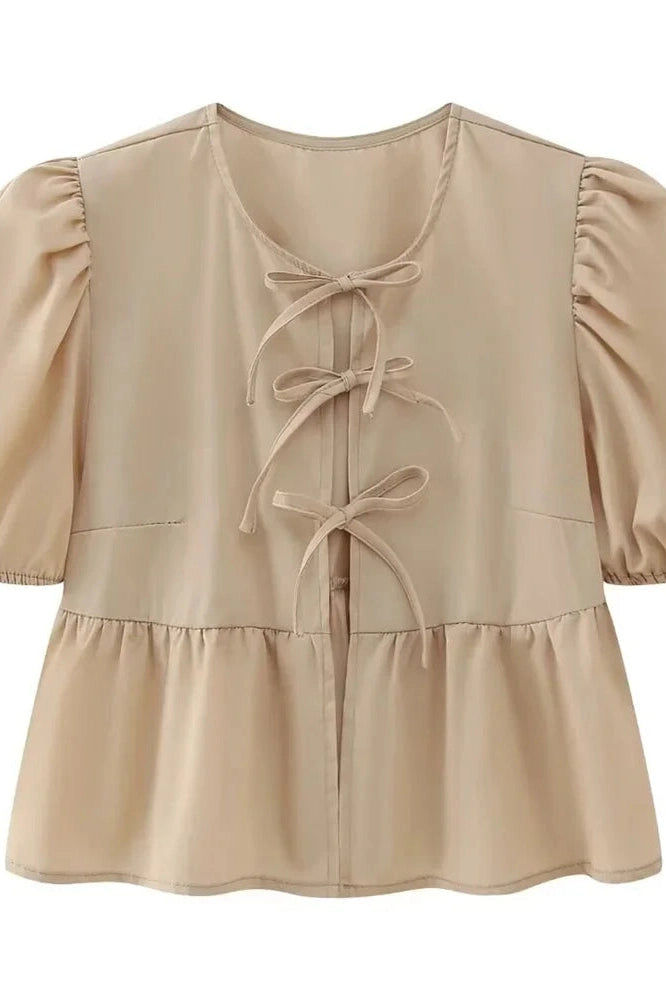 Glorol - Hollow Out Printed Short Sleeve Lace-Up Slim Top