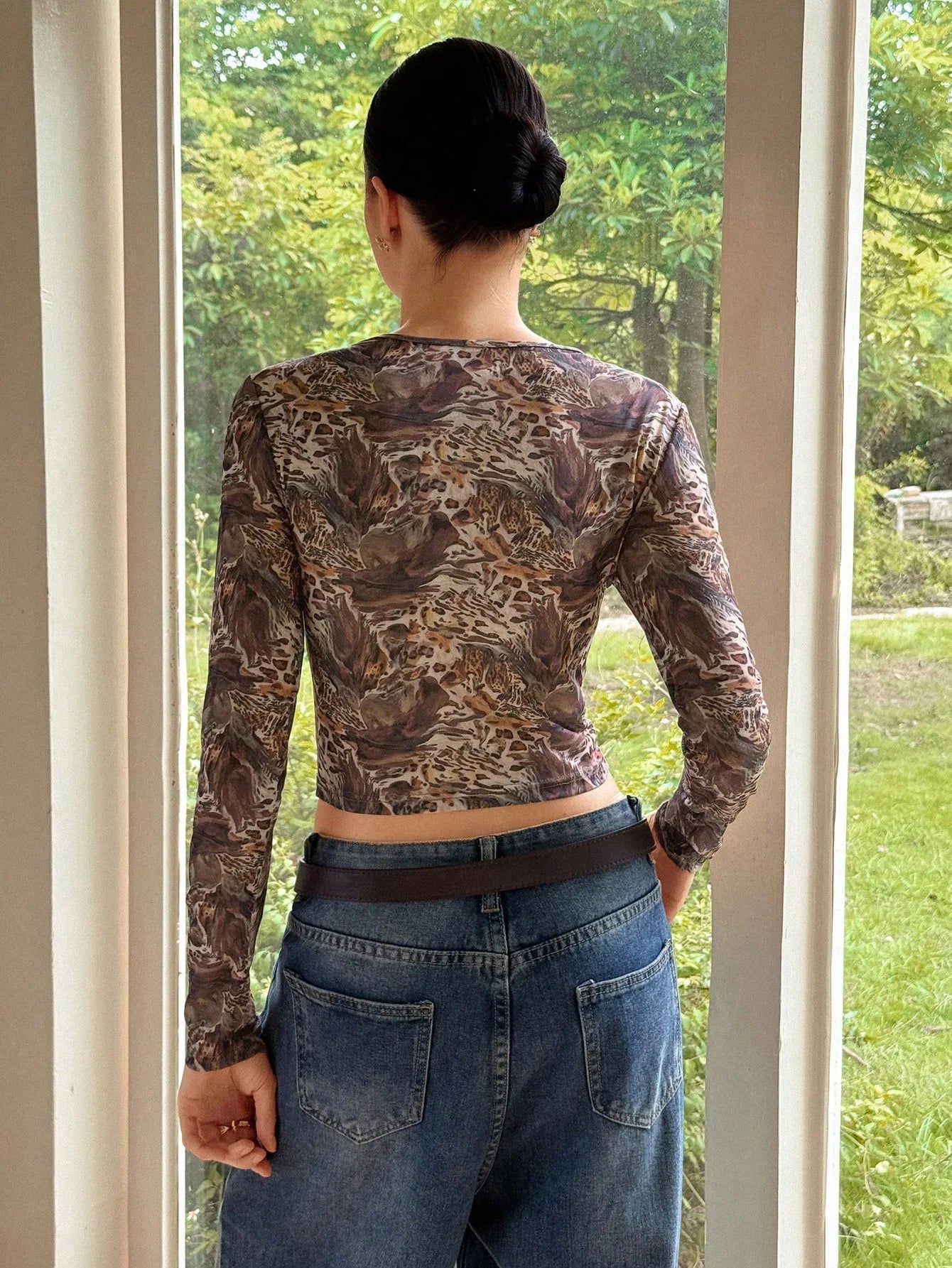 Glorol - Leopard Print O-Neck See-Through Top