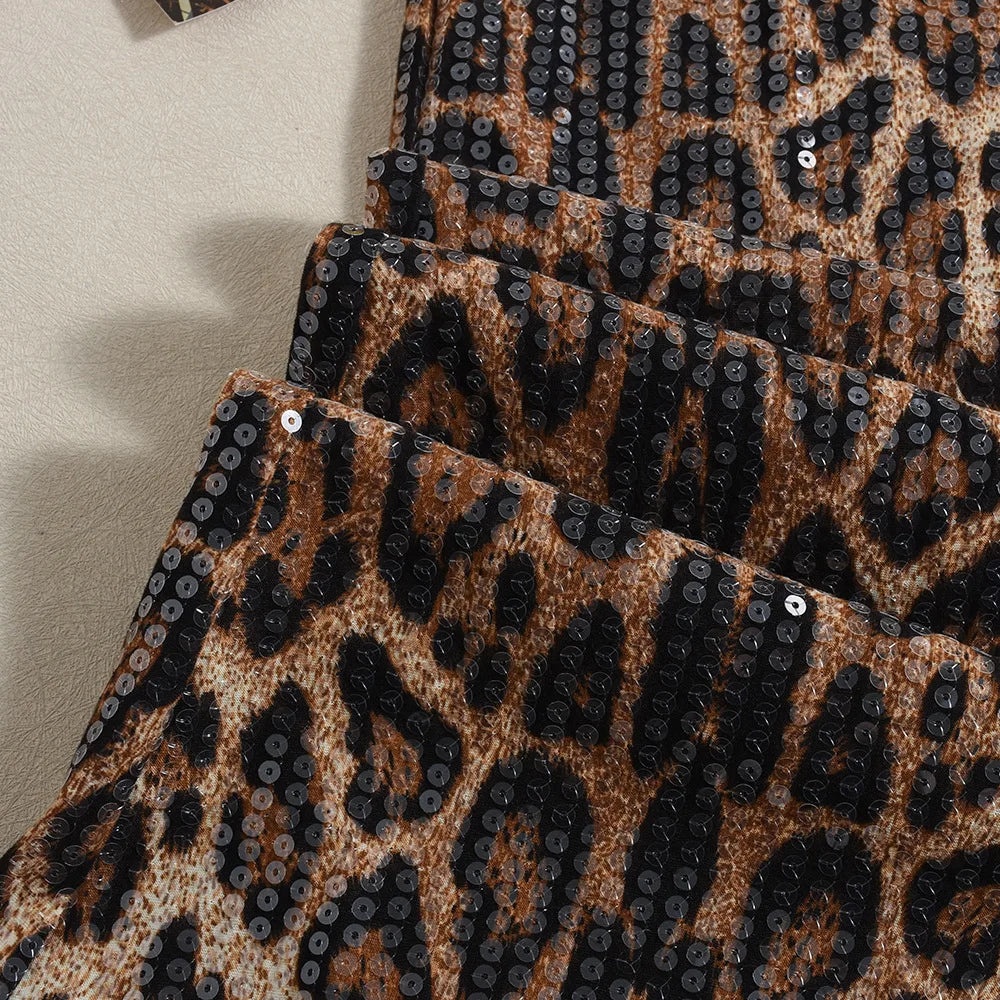 Glorol - Leopard Print Sequin Patchwork Skirt