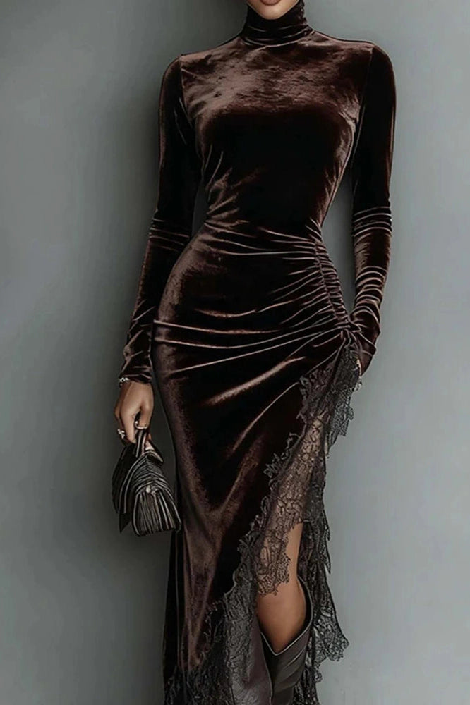 Glorol - Elegant Turtleneck Long Sleeve Velvet Lace Fit Midi Dress