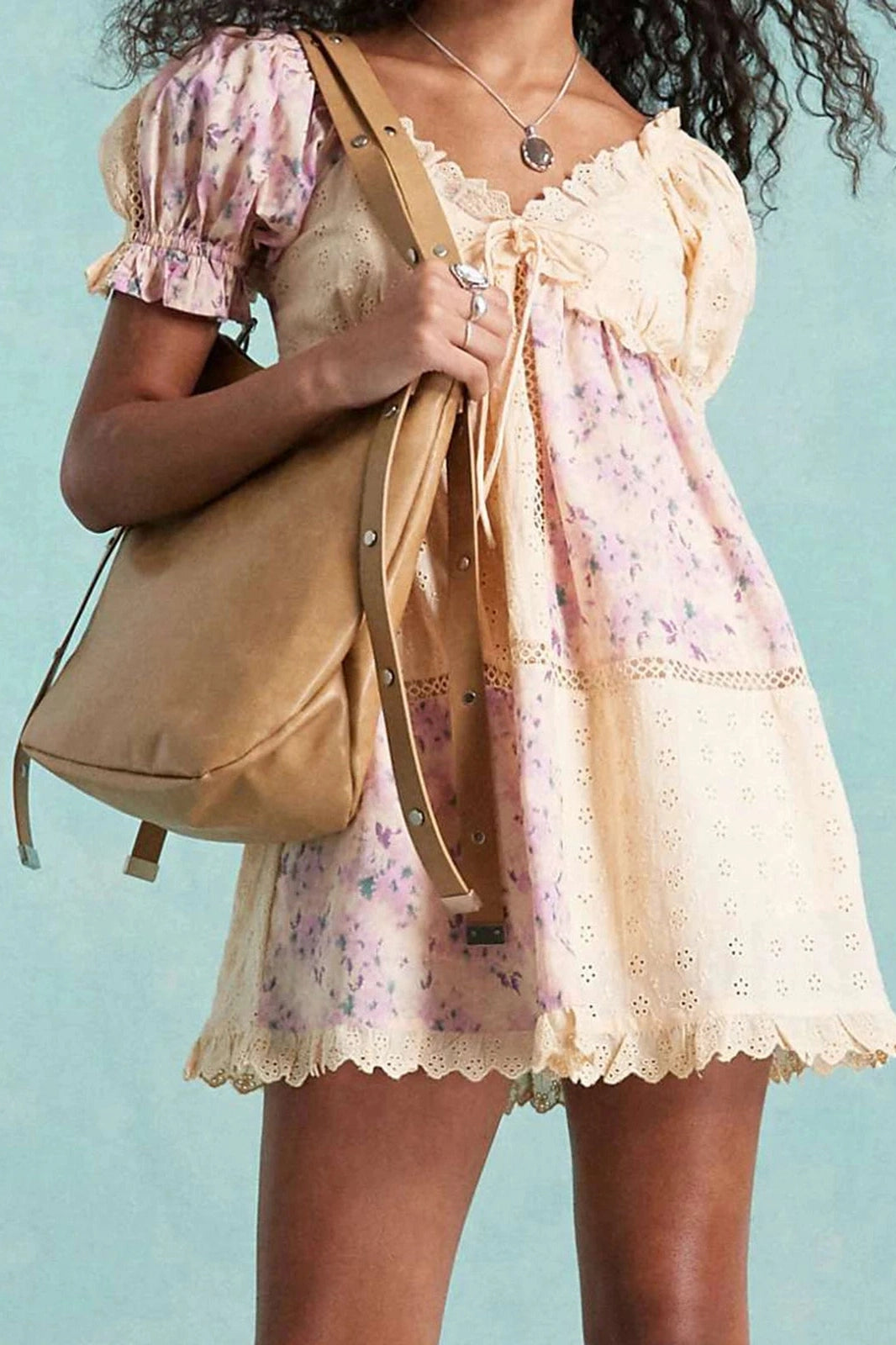 Glorol - Floral Print V Neck Short Sleeve A-Line Mini Dress