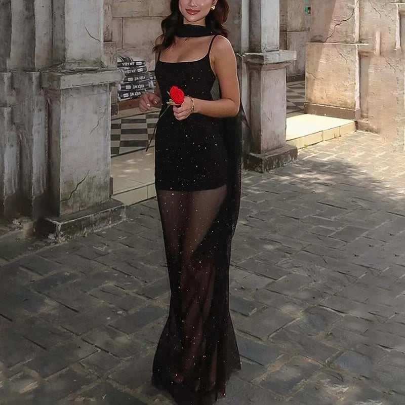 Glorol - Elegant Lace See-Through Mesh Scarf Maxi Dress