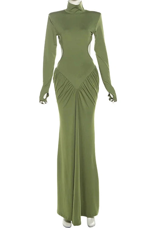 Glorol - Elegant Backless Turtleneck Long Sleeve Maxi Dress