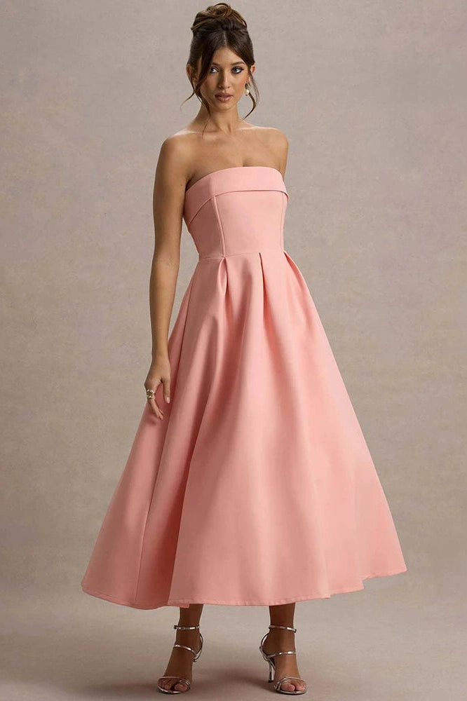 Glorol - Off-Shoulder Strapless Sleeveless Backless High Waist A-Line Midi Dress