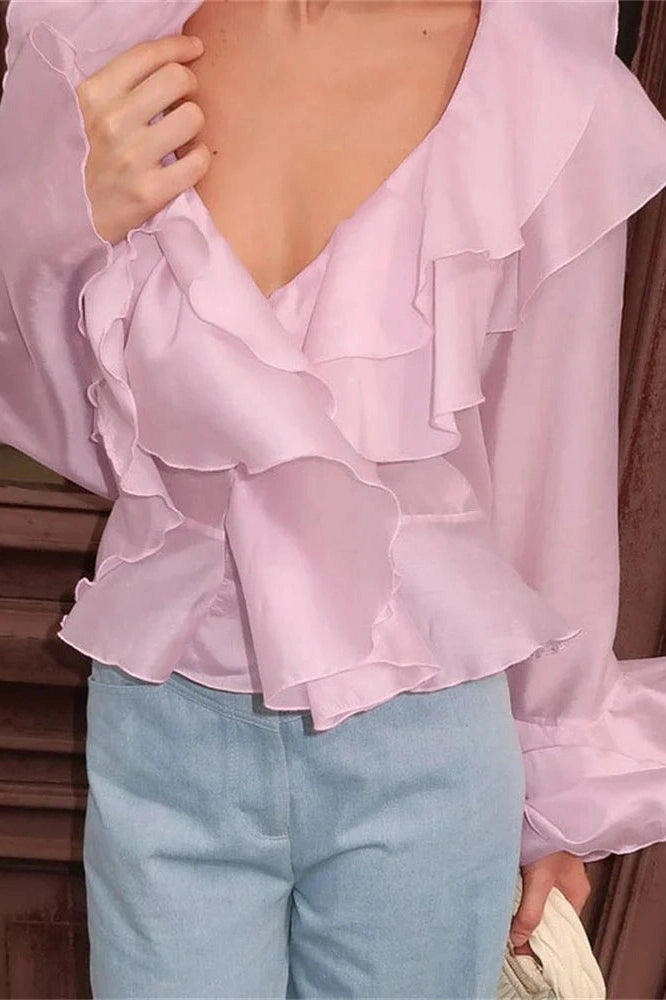 Glorol - Patchwork V-Neck Long Sleeve Loose Top