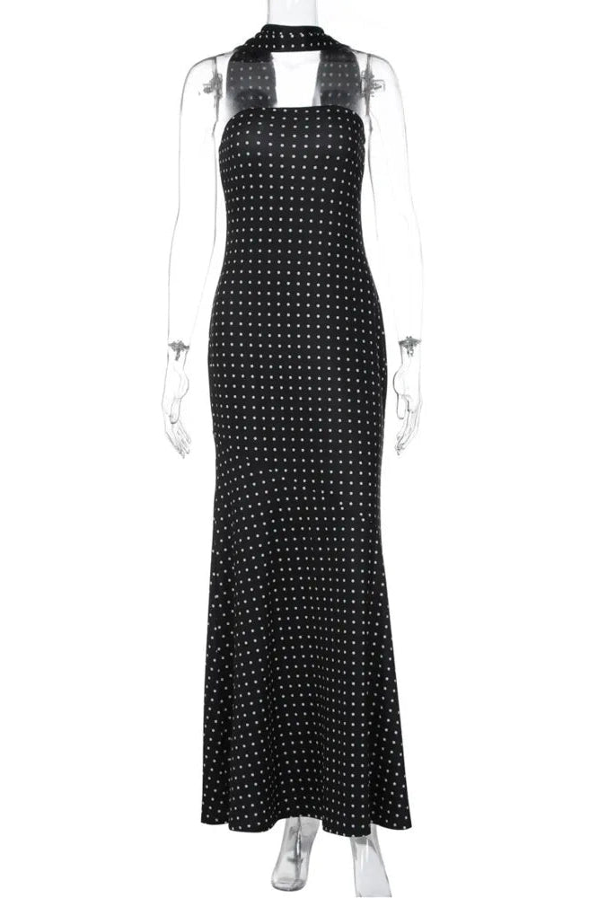 Glorol - Polka Dot Strapless Scarf Collar Off-Shoulder Sleeveless Maxi Dress