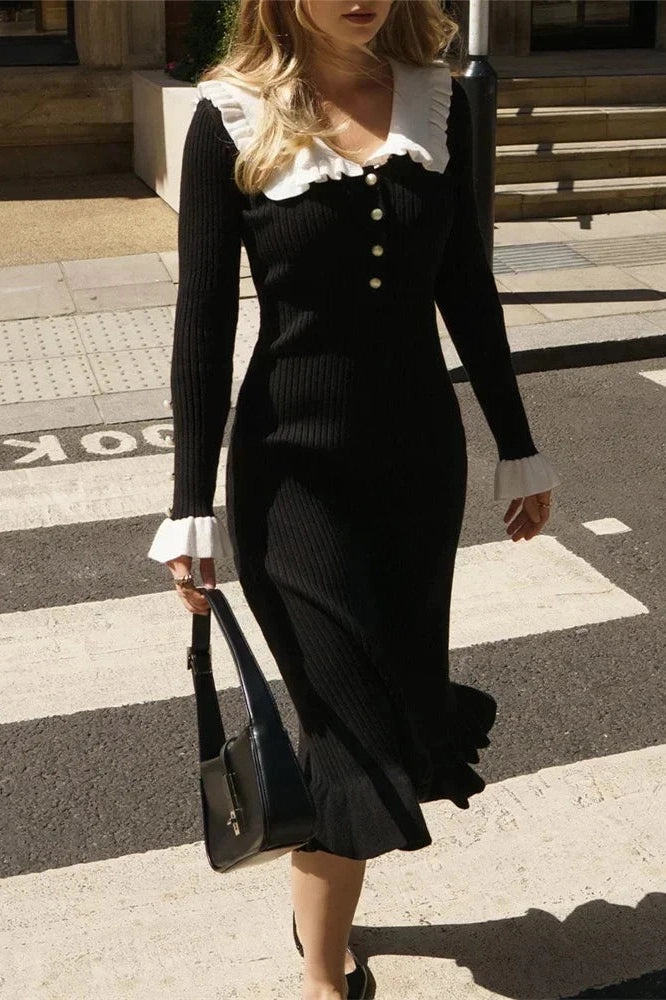 Glorol - Patchwork Knit Long Sleeve Slim Midi Dress