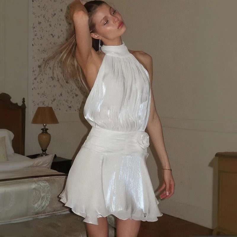 Glorol - Sleeveless Backless Lace Up Slim Pleated Mini Dress