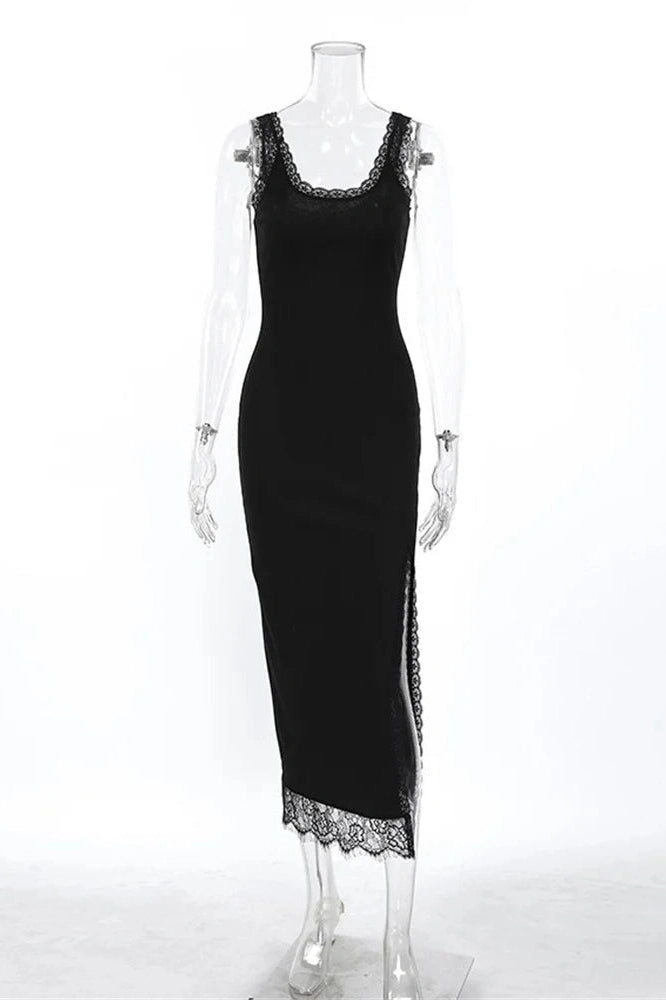 Glorol - Lace Patchwork V-Neck Sleeveless Printed Maxi Dress