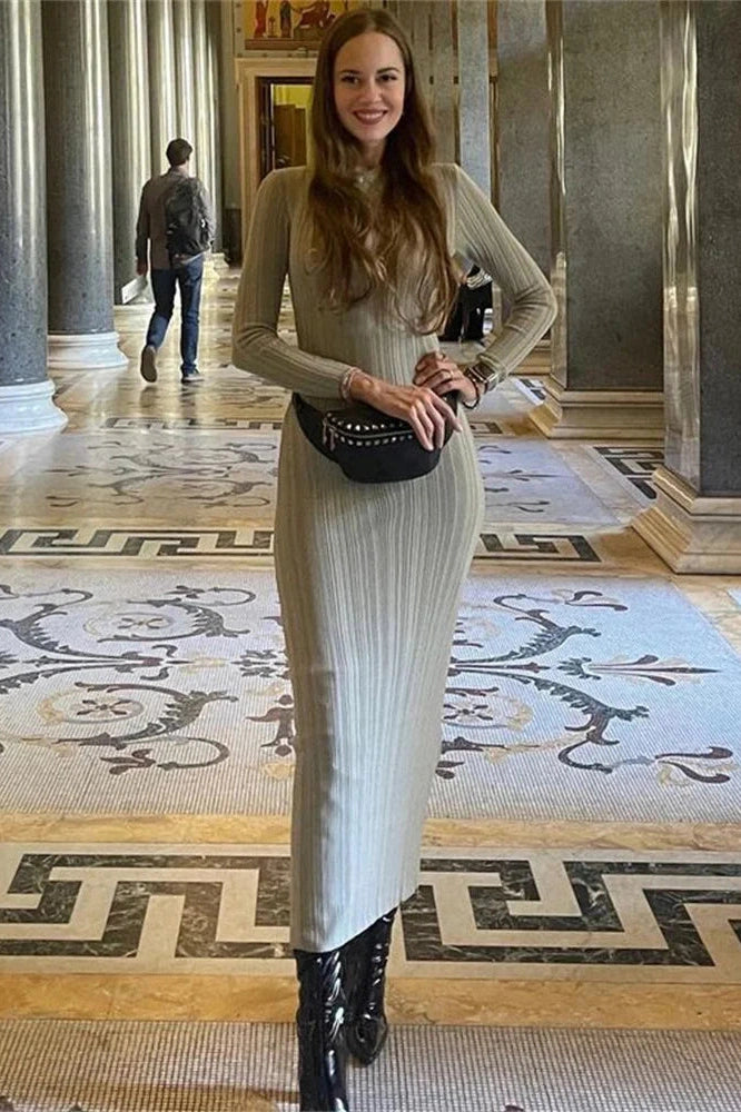 Glorol - Long Sleeve High Waist Patchwork Slim Maxi Dress