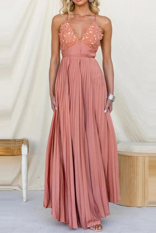 Glorol - Backless Pleated Lace Sleeveless High Waist Maxi Dress