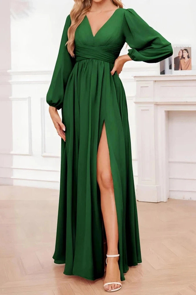 Glorol - Elegant Long Sleeve Loose V-Neck Split Maxi Dress